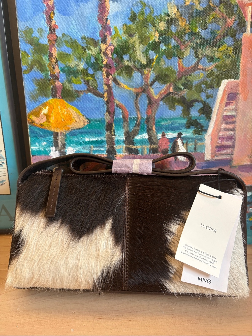 Mango Black & White Cowhide Leather Bow-Top Crossbody Bag - Picture 7 of 10